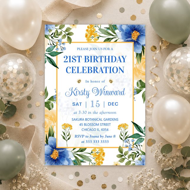 Invitación Acuarela Flores Azules y Amarillas Cumpleaños (Subido por el creador)