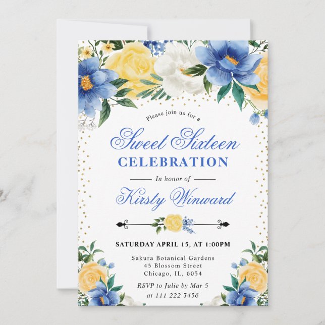 Invitación Acuarela Flores Azules y Amarillas Dulces 16 (Anverso)