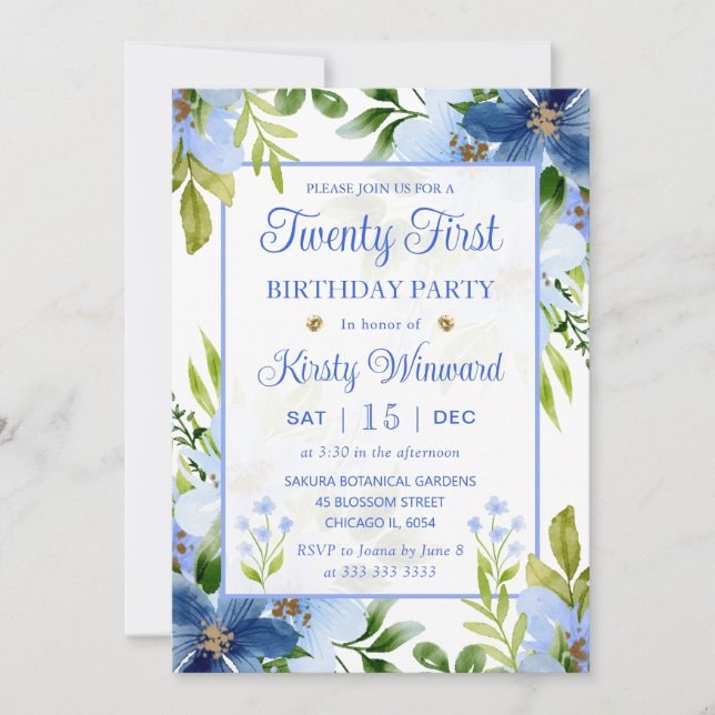 Invitación Acuarela Flores Azules y Bebé Azul Cumpleaños 21 (Anverso)