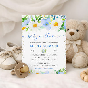 Invitación Acuarela Flores Azules y Margaritas Baby Shower