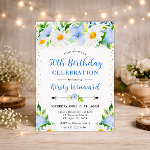 Invitación Acuarela Flores Azules y Margaritas Cumpleaños 50