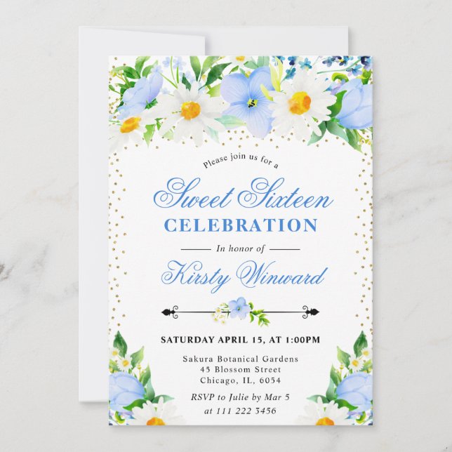 Invitación Acuarela Flores Azules y Margaritas Dulces 16 (Anverso)