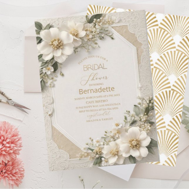 Invitación Acuarela flores blancas 3D doradas Despedida de so (Subido por el creador)