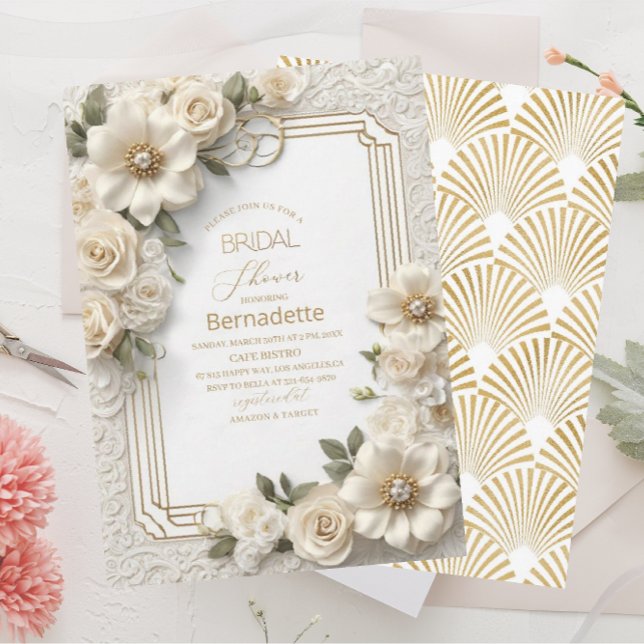 Invitación Acuarela flores blancas 3D oro  Despedida de solte (Subido por el creador)