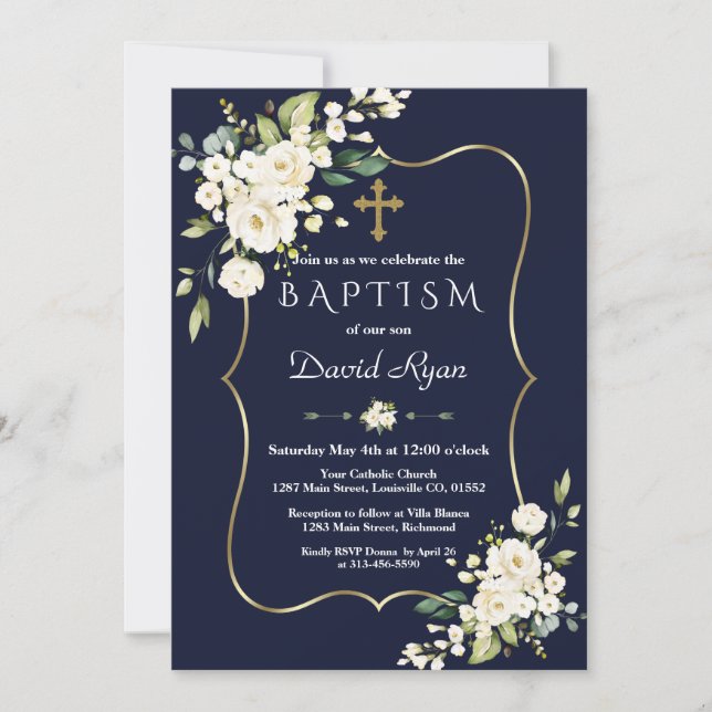 Invitación Acuarela Flores Blancas Cruz de Oro Bautismo (Anverso)