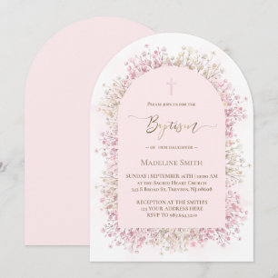 Invitación acuarela flores blancas rosadas Bautizo