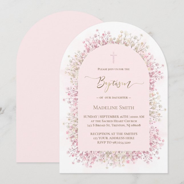 Invitación acuarela flores blancas rosadas Bautizo (Anverso / Reverso)
