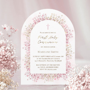 Invitación acuarela flores blancas y rosadas Primera Comunión