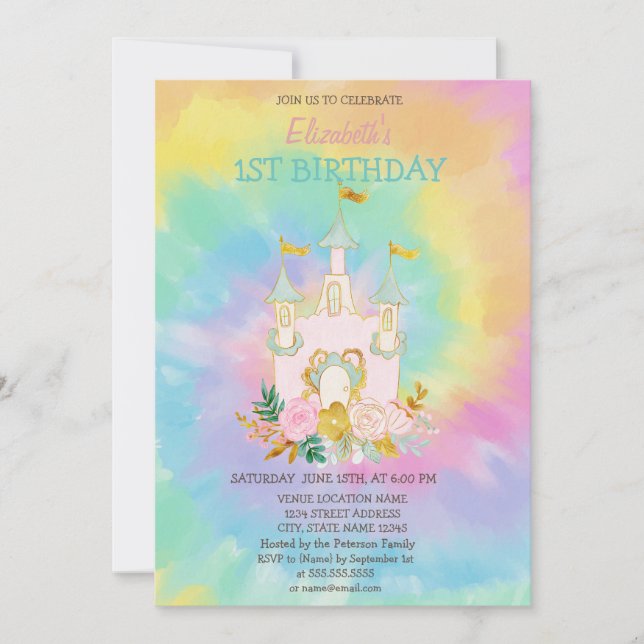 Invitación Acuarela Flores Castillo Tie Dye Cumpleaños (Anverso)