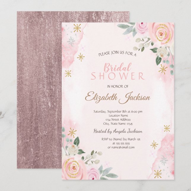 Invitación Acuarela Flores Copos de Nieve Despedida de Solter (Anverso / Reverso)