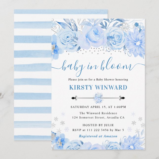 Invitación Acuarela Flores de Invierno en Azul Bebé Cumpleaño (Anverso / Reverso)