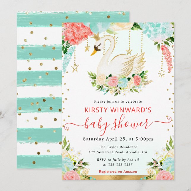 Invitación Acuarela Flores de Melocotón y Menta Ducha de Bebé (Anverso / Reverso)