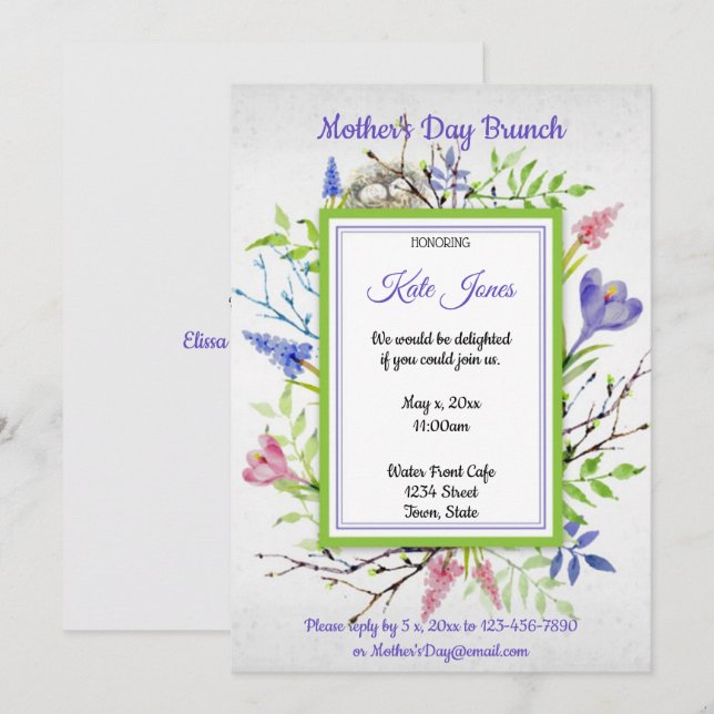 Invitación Acuarela, flores de primavera, brunch del día de l (Anverso / Reverso)