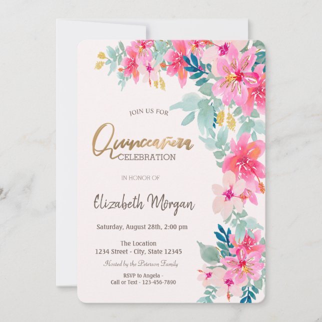 Invitación Acuarela Flores de Primavera Quinceañera (Anverso)