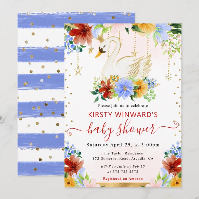 Invitación Acuarela Flores de Verano Cisne Shower de Bebé (Anverso / Reverso)
