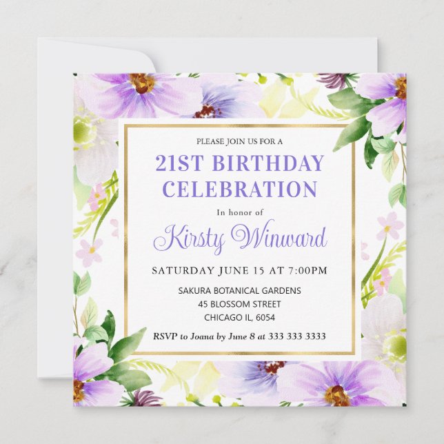 Invitación Acuarela Flores de Verano Crema Morado Cumpleaños (Anverso)