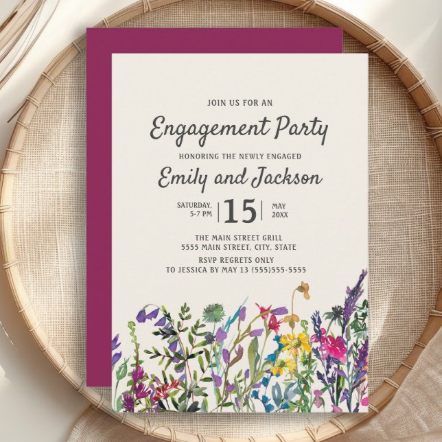 Invitación Acuarela Flores Florales Compromiso Púrpura Floral (Watercolor wildflowers engagement party invitation)