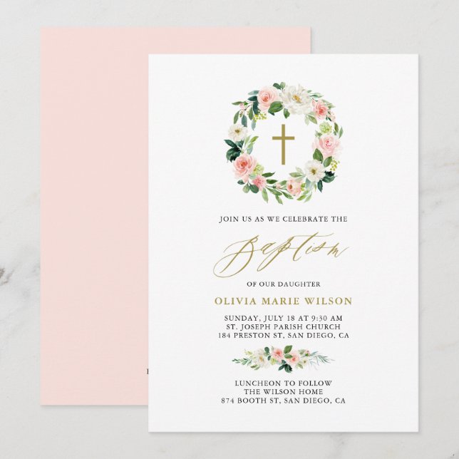 Invitación Acuarela Flores Flores Florales Baptismo De Vela F (Anverso / Reverso)