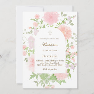 Invitación acuarela flores grandes rosadas Bautizo
