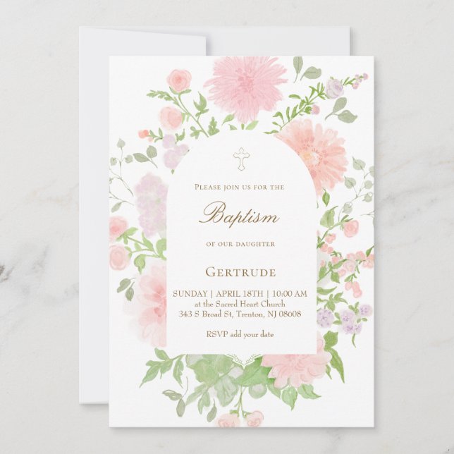 Invitación acuarela flores grandes rosadas Bautizo (Anverso)