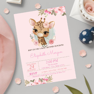 Invitación Acuarela Flores Jirafa Bebé Baby Shower