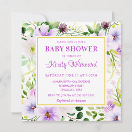 Invitación Acuarela Flores Mágicas Moradas Baby Shower