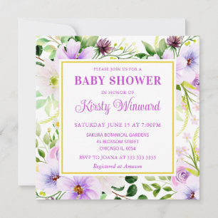 Invitación Acuarela Flores Mágicas Moradas Baby Shower