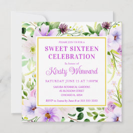 Invitación Acuarela Flores Mágicas Purpura Cumple Dulces Diec