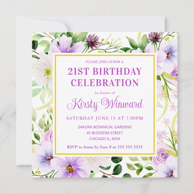 Invitación Acuarela Flores Mágicas Purpura Cumpleaños (Anverso)