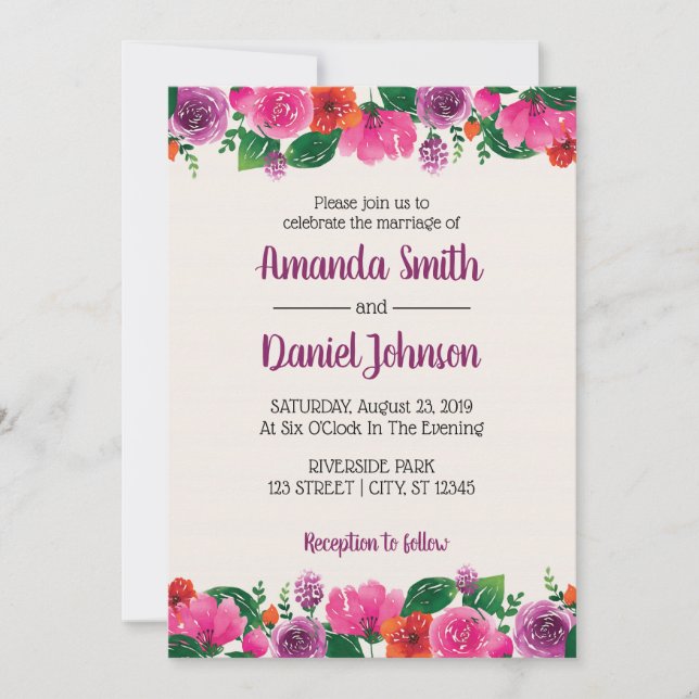 Invitación Acuarela Flores moradas rosadas rojas florales (Anverso)
