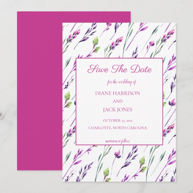 Invitación Acuarela Flores Moradas Salva la Fecha Boda (Anverso / Reverso)