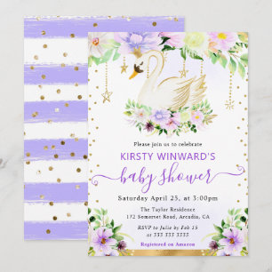 Invitación Acuarela Flores Moradas y Crema Baño de Bebé Cisne