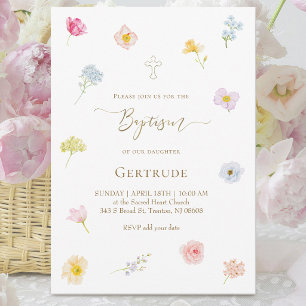 Invitación acuarela flores pequeñas Bautizo