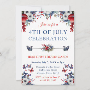 Invitación Acuarela Flores Rojas, Azules y Blancas 4 de Julio