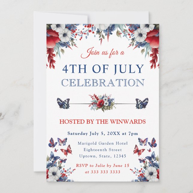 Invitación Acuarela Flores Rojas, Azules y Blancas 4 de Julio (Anverso)