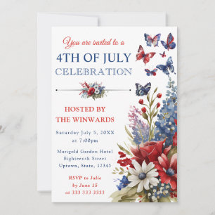 Invitación Acuarela Flores Rojas, Azules y Blancas 4 de Julio