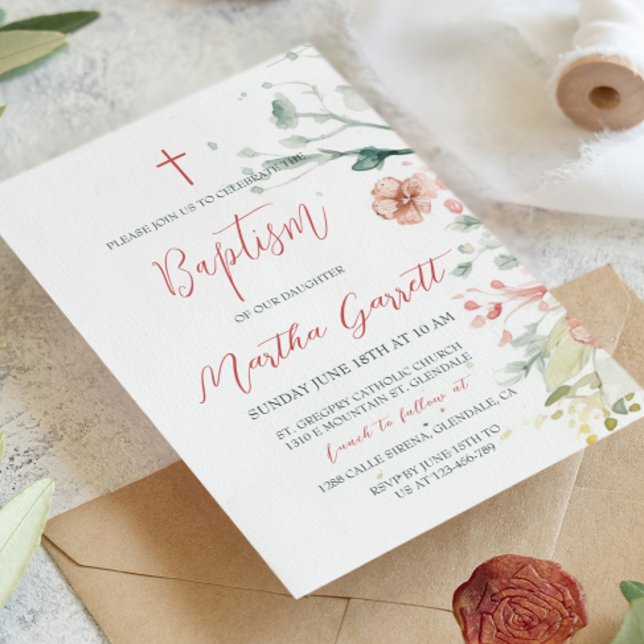 Invitación Acuarela Flores Rojas y Verdes Bautismo Hija (Subido por el creador)