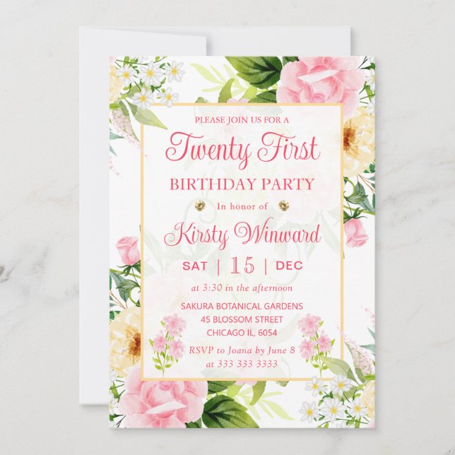 Invitación Acuarela Flores rosa y amarilla 21 cumpleaños (Anverso)