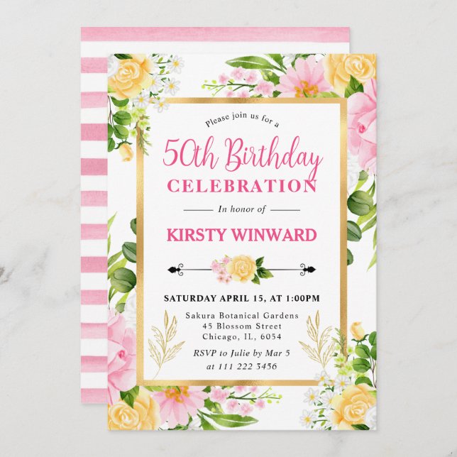 Invitación Acuarela Flores rosa y amarilla 50 cumpleaños (Anverso / Reverso)