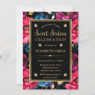 Invitación Acuarela Flores Rosadas Azules y Doradas Cumpleaño