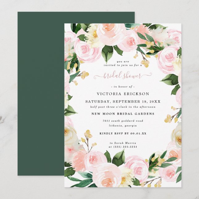 Invitación Acuarela Flores Rosadas Bridal Shower (Anverso / Reverso)
