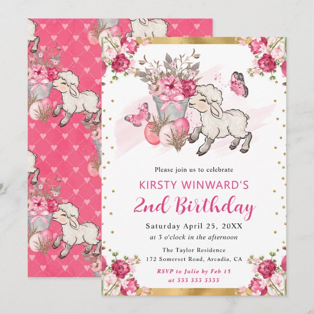 Invitación Acuarela Flores Rosadas Cordero de Primavera Cumpl (Anverso / Reverso)