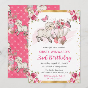 Invitación Acuarela Flores Rosadas Cordero de Primavera Cumpl