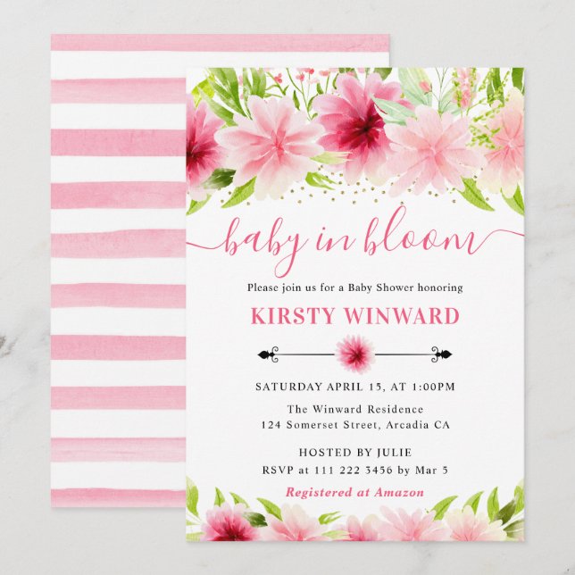 Invitación Acuarela Flores Rosadas de Verano Baby Shower (Anverso / Reverso)