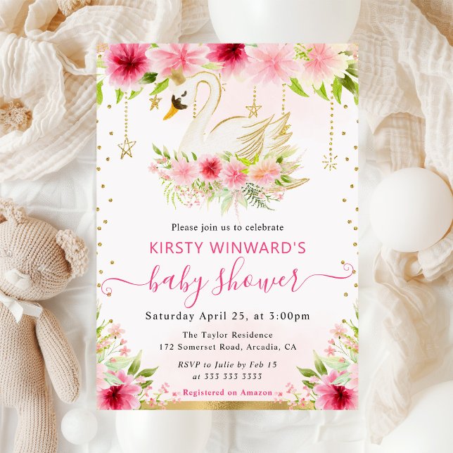 Invitación Acuarela Flores Rosadas de Verano Baño de Bebé Cis (Subido por el creador)
