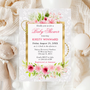 Invitación Acuarela Flores Rosadas de Verano Baño de Bebé Dor