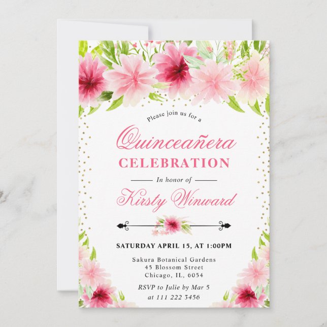 Invitación Acuarela Flores Rosadas de Verano Quinceañera (Anverso)