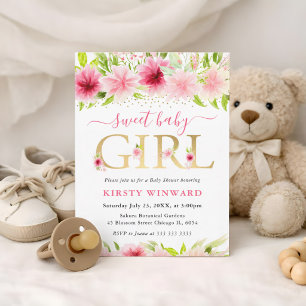 Invitación Acuarela Flores Rosadas de Verano Shower de Bebé