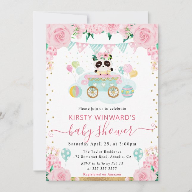 Invitación Acuarela Flores Rosadas Fiesta de Bebé Panda (Anverso)