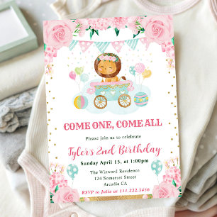 Invitación Acuarela Flores rosadas Niños leones Cumpleaños